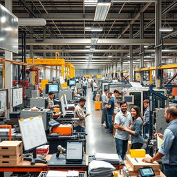A modern industrial scene showcasing Lean Manufacturing principles in action, featuring a busy factory floor with streamlined workflows, organized workstations, and employees collaborating effectively