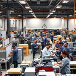 A modern industrial scene showcasing Lean Manufacturing principles in action, featuring a busy factory floor with streamlined workflows, organized workstations, and employees collaborating effectively