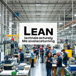 A modern industrial scene showcasing Lean Manufacturing principles in action, featuring a busy factory floor with streamlined workflows, organized workstations, and employees collaborating effectively