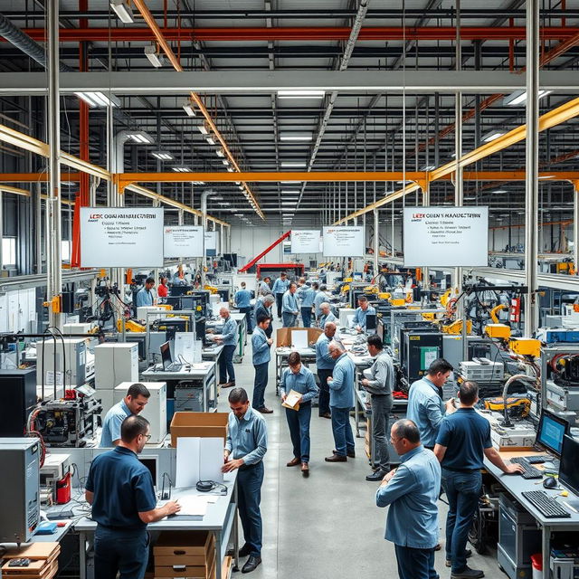 A modern industrial scene showcasing Lean Manufacturing principles in action, featuring a busy factory floor with streamlined workflows, organized workstations, and employees collaborating effectively