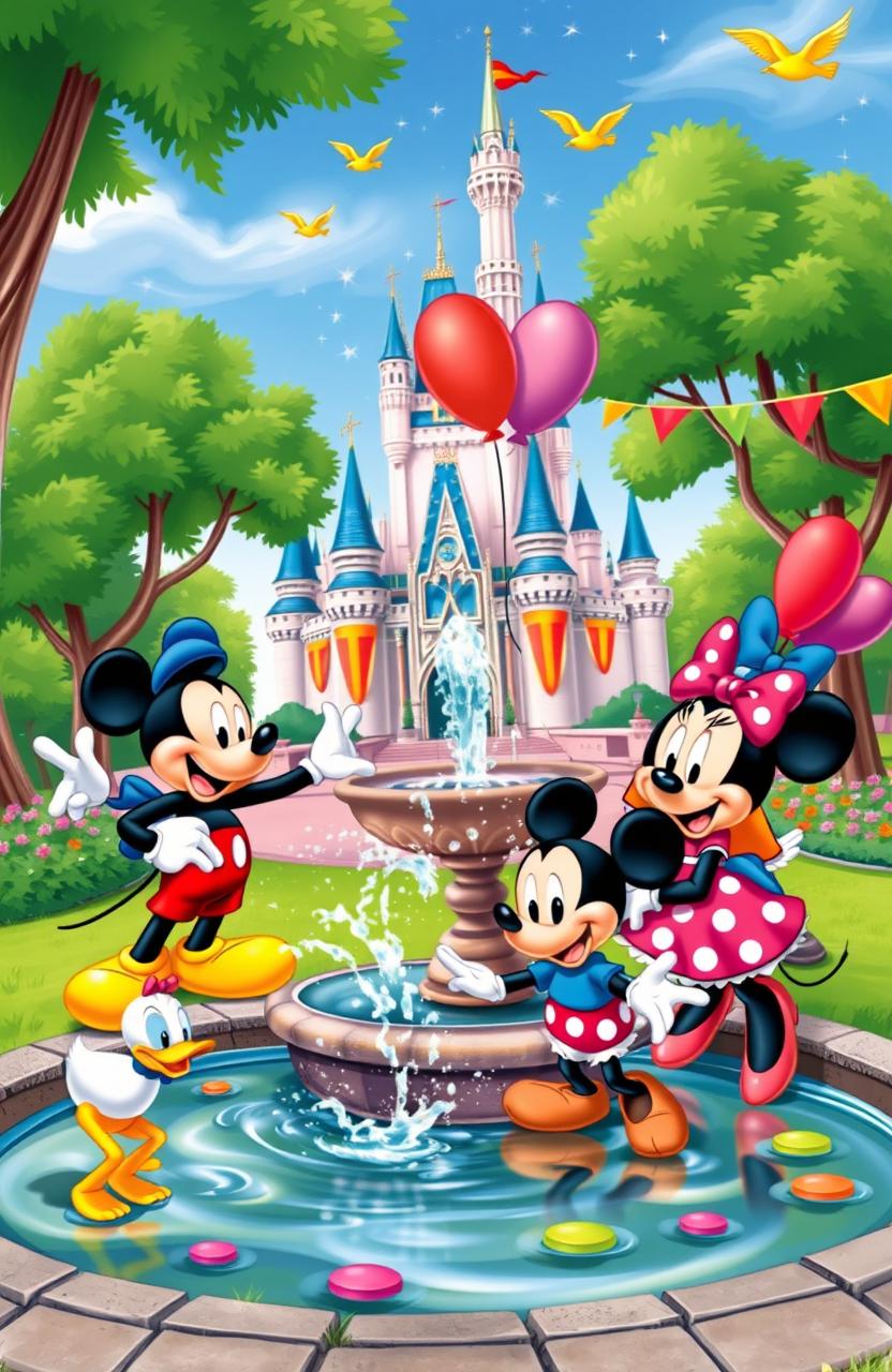 A vibrant and colorful scene depicting classic Disney cartoon characters in a cheerful landscape