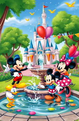 A vibrant and colorful scene depicting classic Disney cartoon characters in a cheerful landscape