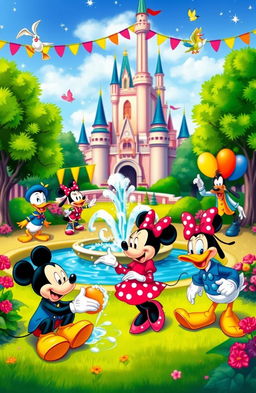 A vibrant and colorful scene depicting classic Disney cartoon characters in a cheerful landscape