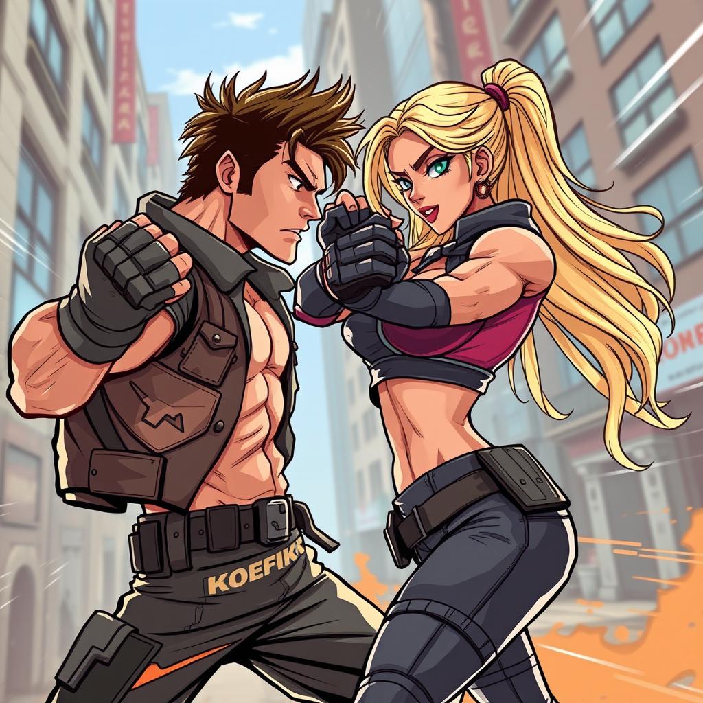 A dynamic and energetic scene featuring a brunette man and a blonde woman in a fierce combat fighting stance