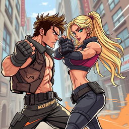 A dynamic and energetic scene featuring a brunette man and a blonde woman in a fierce combat fighting stance