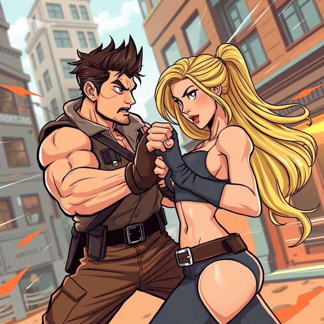 A dynamic and energetic scene featuring a brunette man and a blonde woman in a fierce combat fighting stance