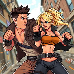A dynamic and energetic scene featuring a brunette man and a blonde woman in a fierce combat fighting stance