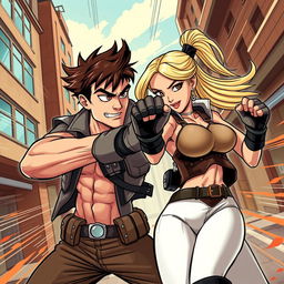 A dynamic and energetic scene featuring a brunette man and a blonde woman in a fierce combat fighting stance