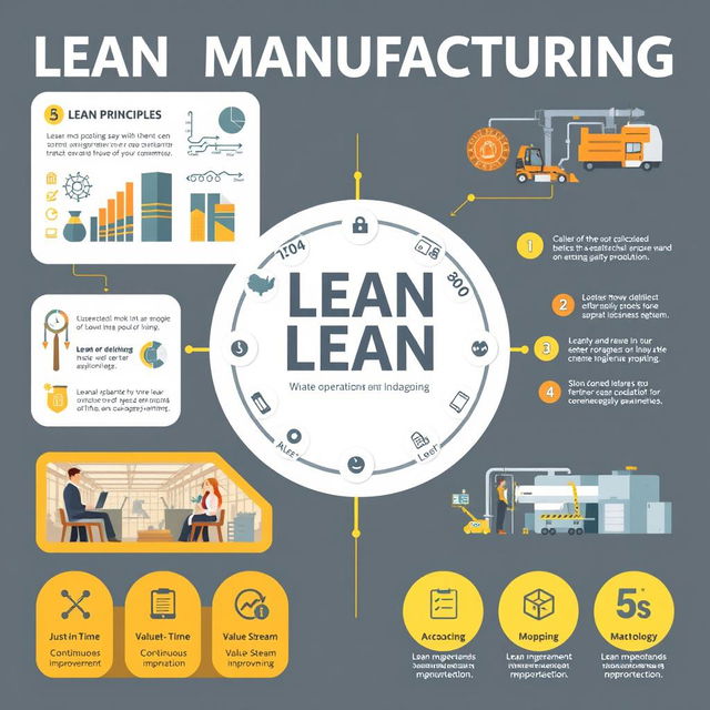 An infographic-style composition highlighting Lean Manufacturing and operational excellence in industries