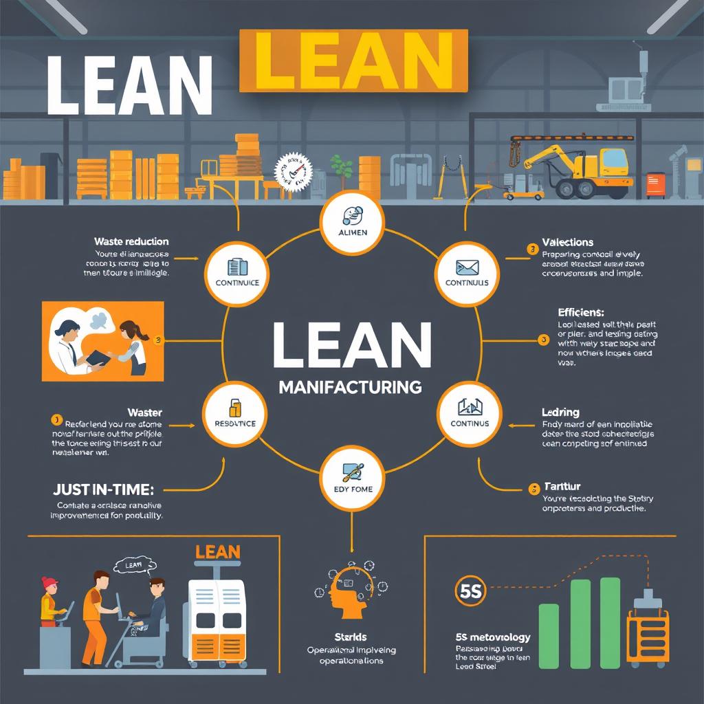 An infographic-style composition highlighting Lean Manufacturing and operational excellence in industries