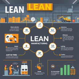 An infographic-style composition highlighting Lean Manufacturing and operational excellence in industries