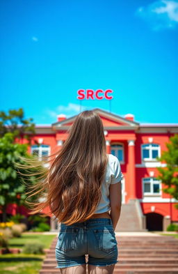 A young woman standing with her back to the viewer, looking towards a vibrant red college building labeled SRCC