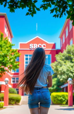 A young woman standing with her back to the viewer, looking towards a vibrant red college building labeled SRCC
