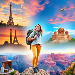 A woman exploring various global landscapes, showcasing her adventurous spirit
