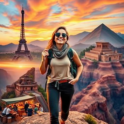 A woman exploring various global landscapes, showcasing her adventurous spirit
