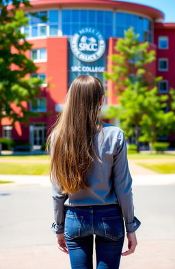 A young girl standing with her back towards the viewer, looking at the red-coloured building of SRCC college