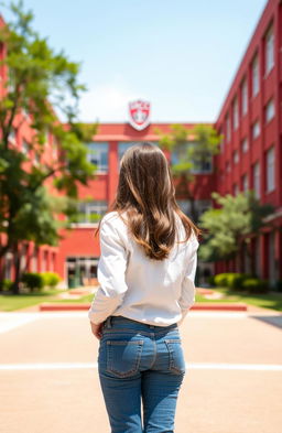 A young girl standing with her back towards the viewer, looking at the red-coloured building of SRCC college