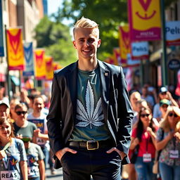 A young man with short blonde hair, confidently campaigning for office while wearing a smartly tailored suit over a bold cannabis T-shirt featuring a large, distinct cannabis leaf design