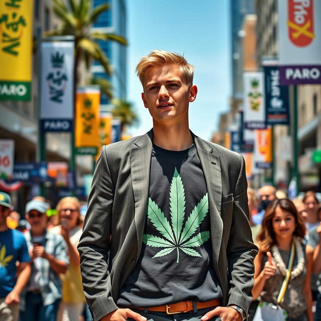 A young man with short blonde hair, confidently campaigning for office while wearing a smartly tailored suit over a bold cannabis T-shirt featuring a large, distinct cannabis leaf design