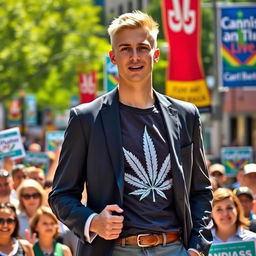 A young man with short blonde hair, confidently campaigning for office while wearing a smartly tailored suit over a bold cannabis T-shirt featuring a large, distinct cannabis leaf design