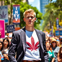 A young man with short blonde hair, confidently campaigning for office while wearing a smartly tailored suit over a bold cannabis T-shirt featuring a large, distinct cannabis leaf design