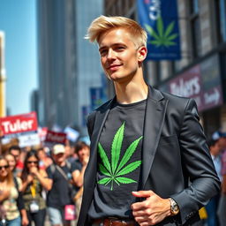 A young man with short blonde hair, energetically campaigning for office, wearing a stylish dark suit that contrasts with his eye-catching cannabis T-shirt featuring a prominent cannabis leaf design