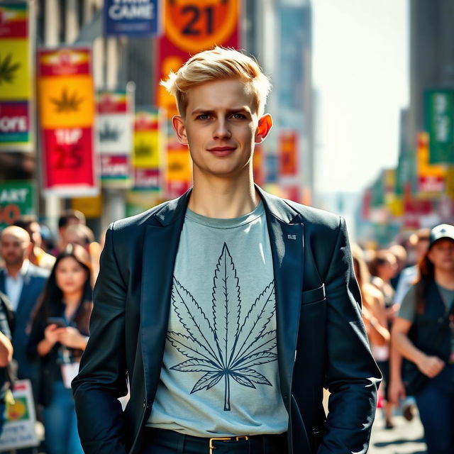 A young man with short blonde hair, energetically campaigning for office, wearing a stylish dark suit that contrasts with his eye-catching cannabis T-shirt featuring a prominent cannabis leaf design