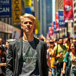 A young man with short blonde hair, energetically campaigning for office, wearing a stylish dark suit that contrasts with his eye-catching cannabis T-shirt featuring a prominent cannabis leaf design