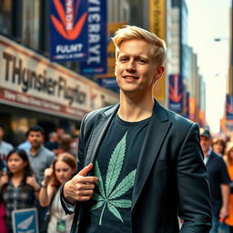 A young man with short blonde hair, energetically campaigning for office, wearing a stylish dark suit that contrasts with his eye-catching cannabis T-shirt featuring a prominent cannabis leaf design