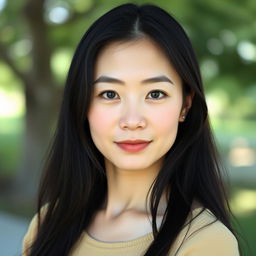 A full-body portrait of a 40-year-old woman with pale skin and long black hair, showcasing her natural beauty and an ordinary, makeup-free face