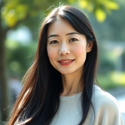 A full-body portrait of a 40-year-old woman with pale skin and long black hair, showcasing her natural beauty and an ordinary, makeup-free face