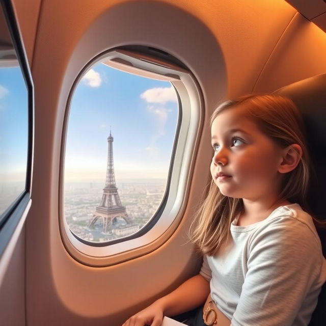 A young girl sitting in a flight at the window seat, gazing with admiration at the iconic Eiffel Tower visible outside the aircraft window