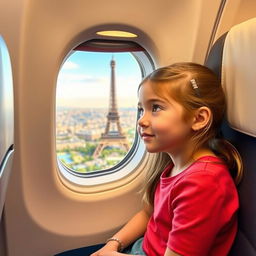 A young girl sitting in a flight at the window seat, gazing with admiration at the iconic Eiffel Tower visible outside the aircraft window