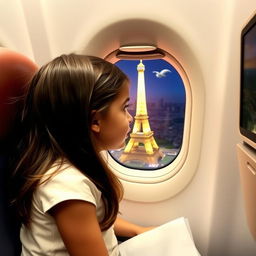 A young girl sitting in a flight at the window seat, gazing with admiration at the iconic Eiffel Tower visible outside the aircraft window