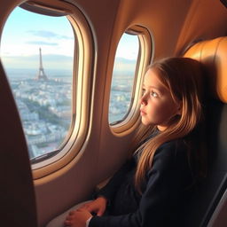 A young girl sitting in a flight at the window seat, gazing with admiration at the iconic Eiffel Tower visible outside the aircraft window