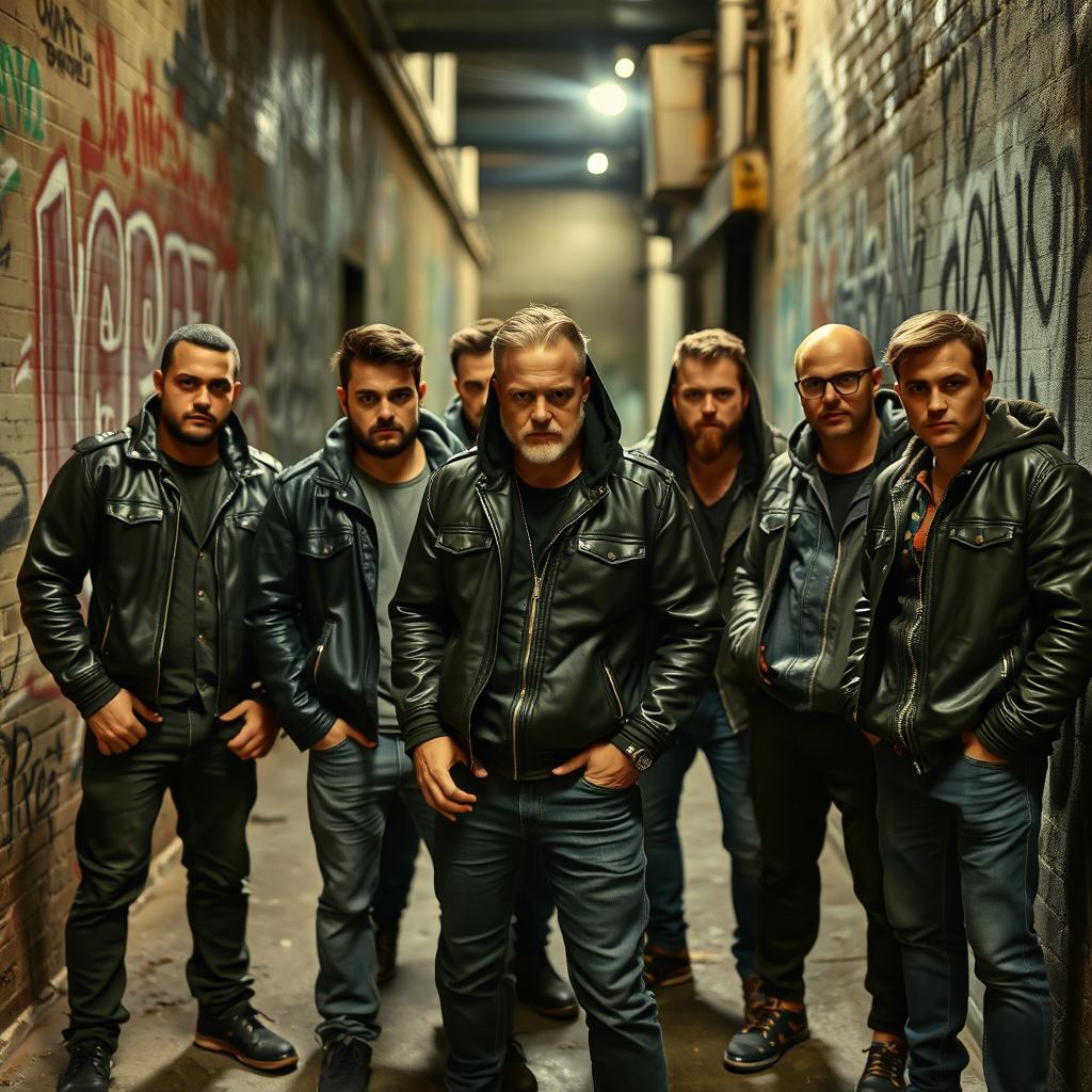 A group of English thugs gathered in an urban setting, showcasing a gritty and rebellious demeanor