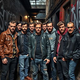 A group of English thugs gathered in an urban setting, showcasing a gritty and rebellious demeanor