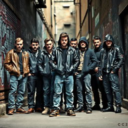 A group of English thugs gathered in an urban setting, showcasing a gritty and rebellious demeanor