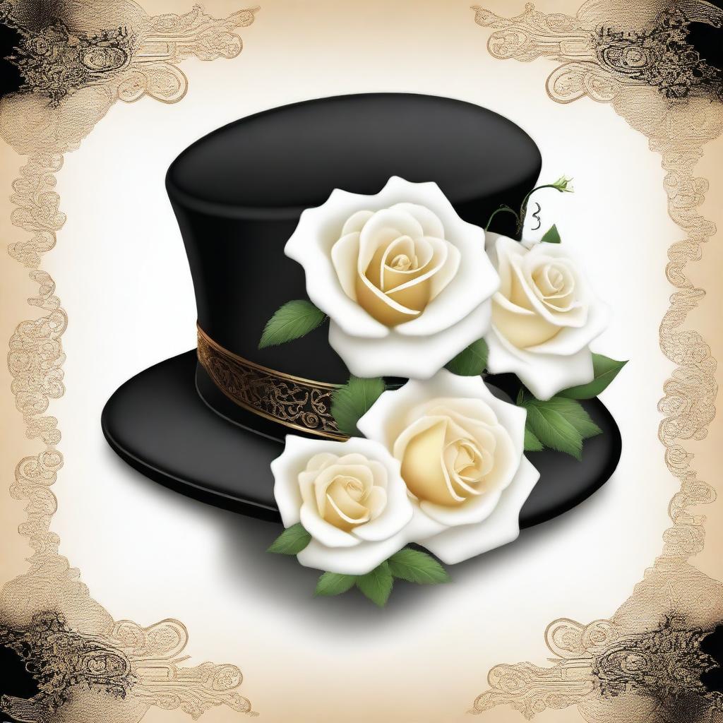 A high-quality digital art image featuring an elegant black hat adorned with intricate golden ornaments, surrounded by a beautiful arrangement of realistic white roses