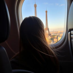 A girl sitting in a flight at the window seat, her hair visible only from the back as she gazes at the iconic Eiffel Tower just outside her window