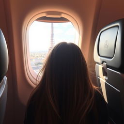 A girl sitting in a flight at the window seat, her hair visible only from the back as she gazes at the iconic Eiffel Tower just outside her window