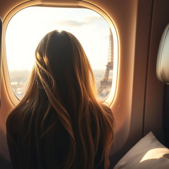 A girl sitting in a flight at the window seat, her hair visible only from the back as she gazes at the iconic Eiffel Tower just outside her window