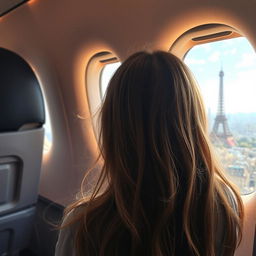 A girl sitting in a flight at the window seat, her hair visible only from the back as she gazes at the iconic Eiffel Tower just outside her window