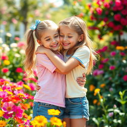 A realistic scene depicting two tween girls hugging each other warmly and sharing a gentle kiss