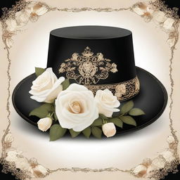 A high-quality digital art image featuring an elegant black hat adorned with intricate golden ornaments, surrounded by a beautiful arrangement of realistic white roses