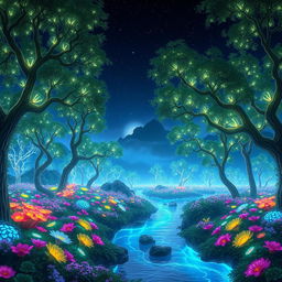 A breathtaking landscape of an otherworldly scene, showcasing an ethereal forest filled with glowing, bioluminescent plants under a starry night sky