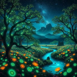 A breathtaking landscape of an otherworldly scene, showcasing an ethereal forest filled with glowing, bioluminescent plants under a starry night sky