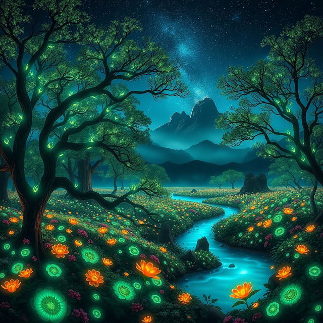 A breathtaking landscape of an otherworldly scene, showcasing an ethereal forest filled with glowing, bioluminescent plants under a starry night sky