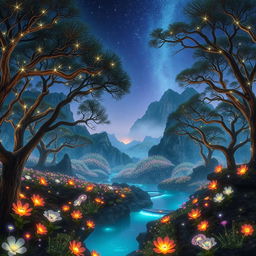 A breathtaking landscape of an otherworldly scene, showcasing an ethereal forest filled with glowing, bioluminescent plants under a starry night sky