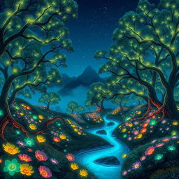 A breathtaking landscape of an otherworldly scene, showcasing an ethereal forest filled with glowing, bioluminescent plants under a starry night sky